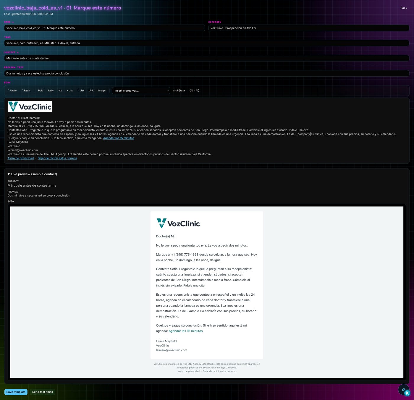 Bilingual outreach template editor with merge variables, spintax, and live preview of a Spanish cold email inviting doctors to call the Sofia demo line