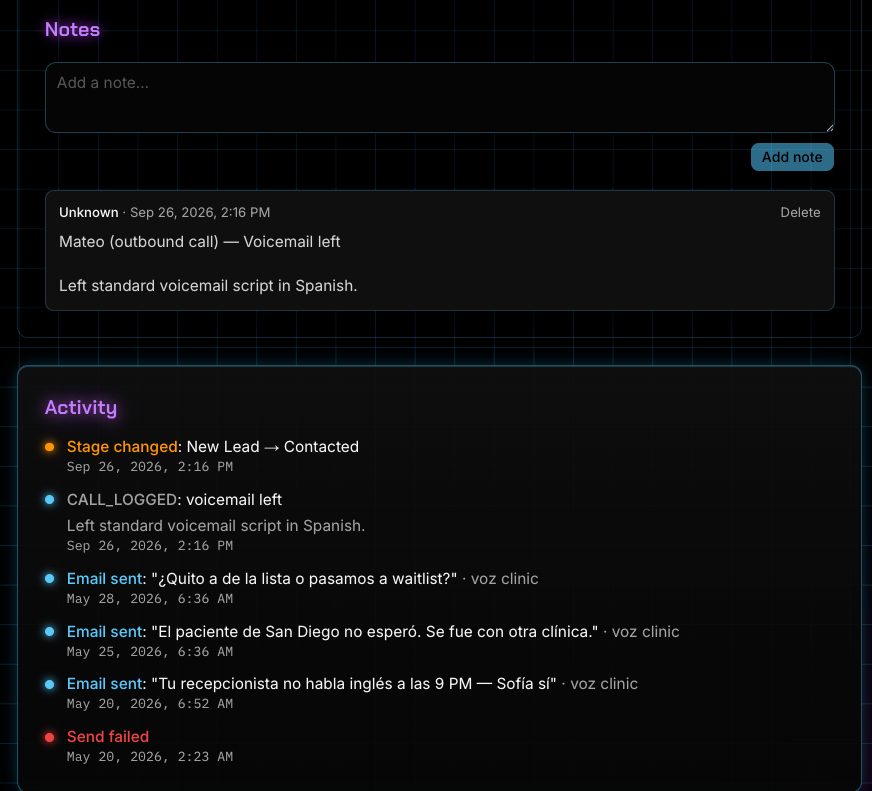 CRM lead record showing Matteo's call note and activity timeline: voicemail logged in Spanish, stage changed from New Lead to Contacted, outreach emails tracked